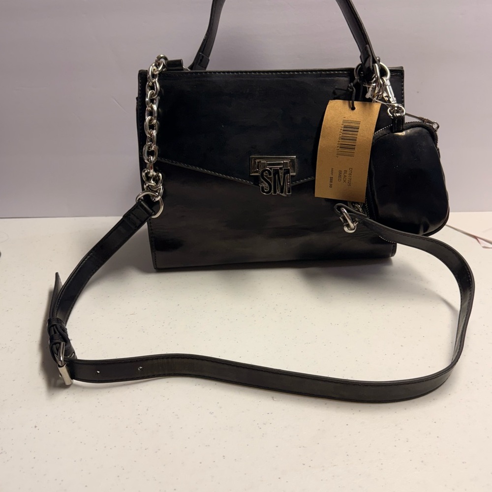 Steve Madden Black Patent Leather Top-Handle Crossbody with Chain Strap